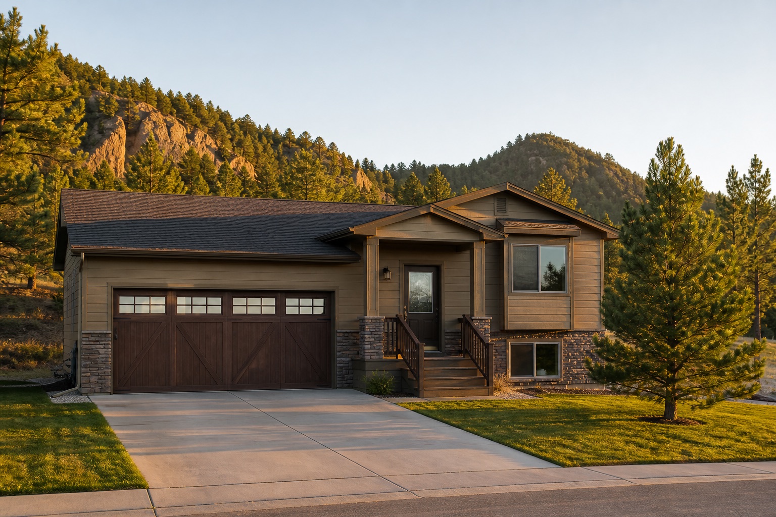 Residential garage doors on a Black Hills–area home at sunset