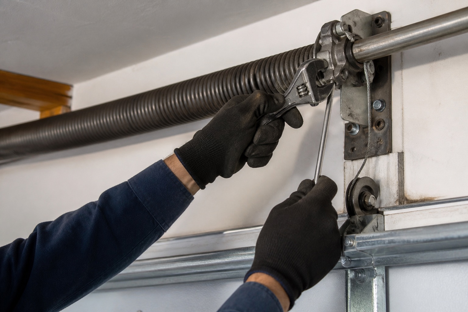 Garage door spring hardware on a residential door