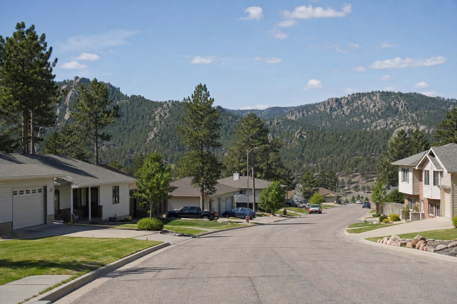 Rapid City neighborhood with homes, garages, and pine hills